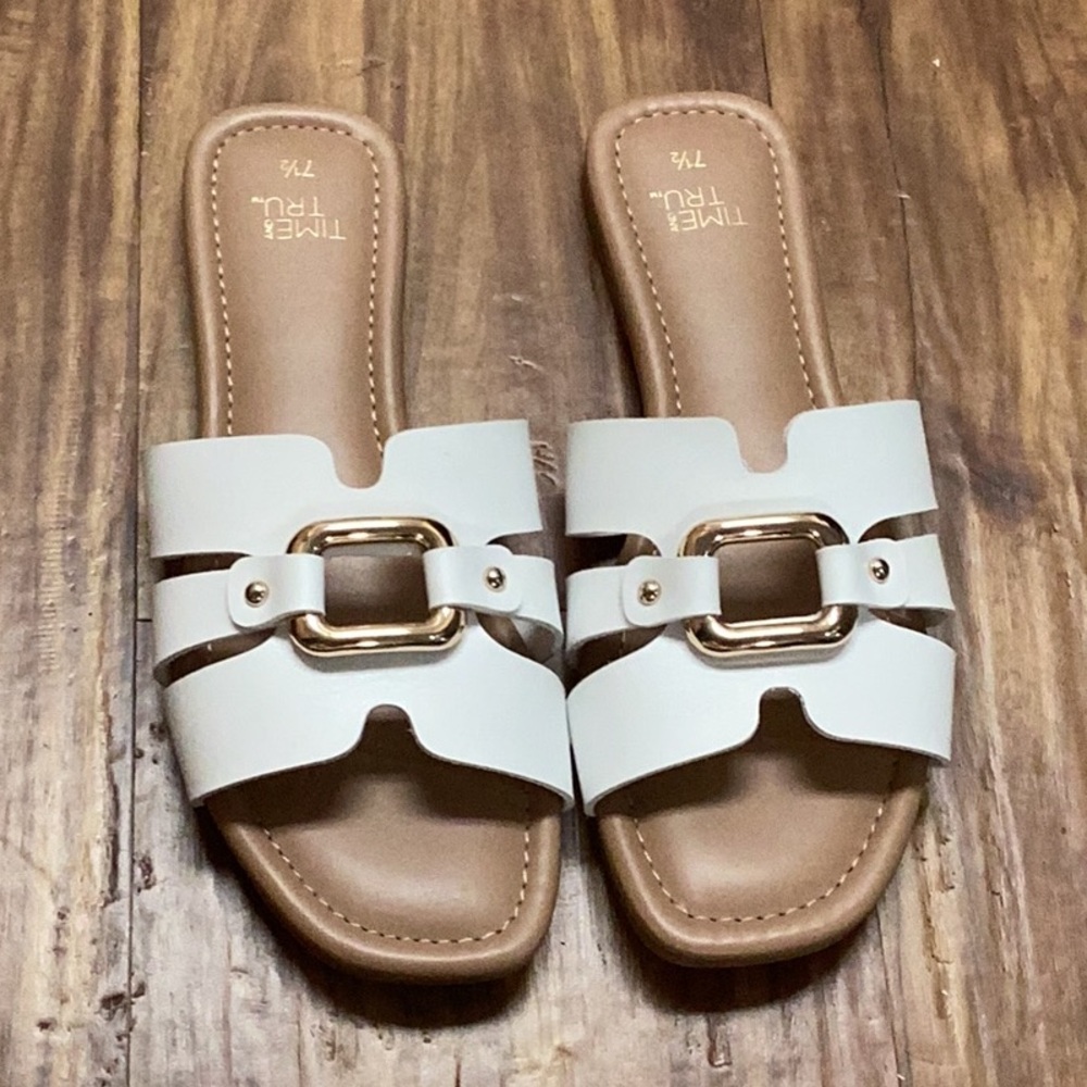 Time and Tru White Slide Sandals with Gold Buckle